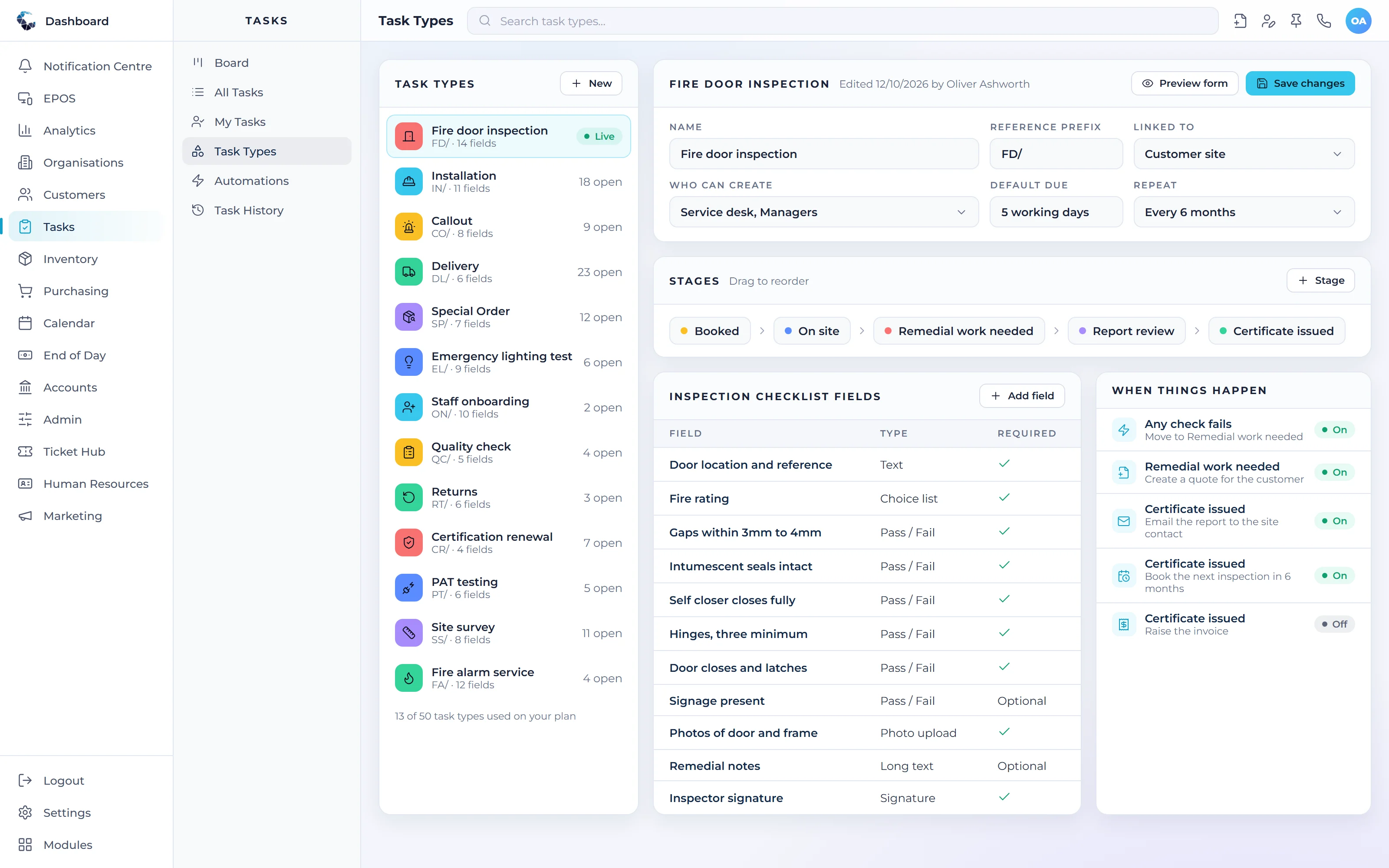 Setting up a custom task type in Central ERP with stages, checklist fields and automations