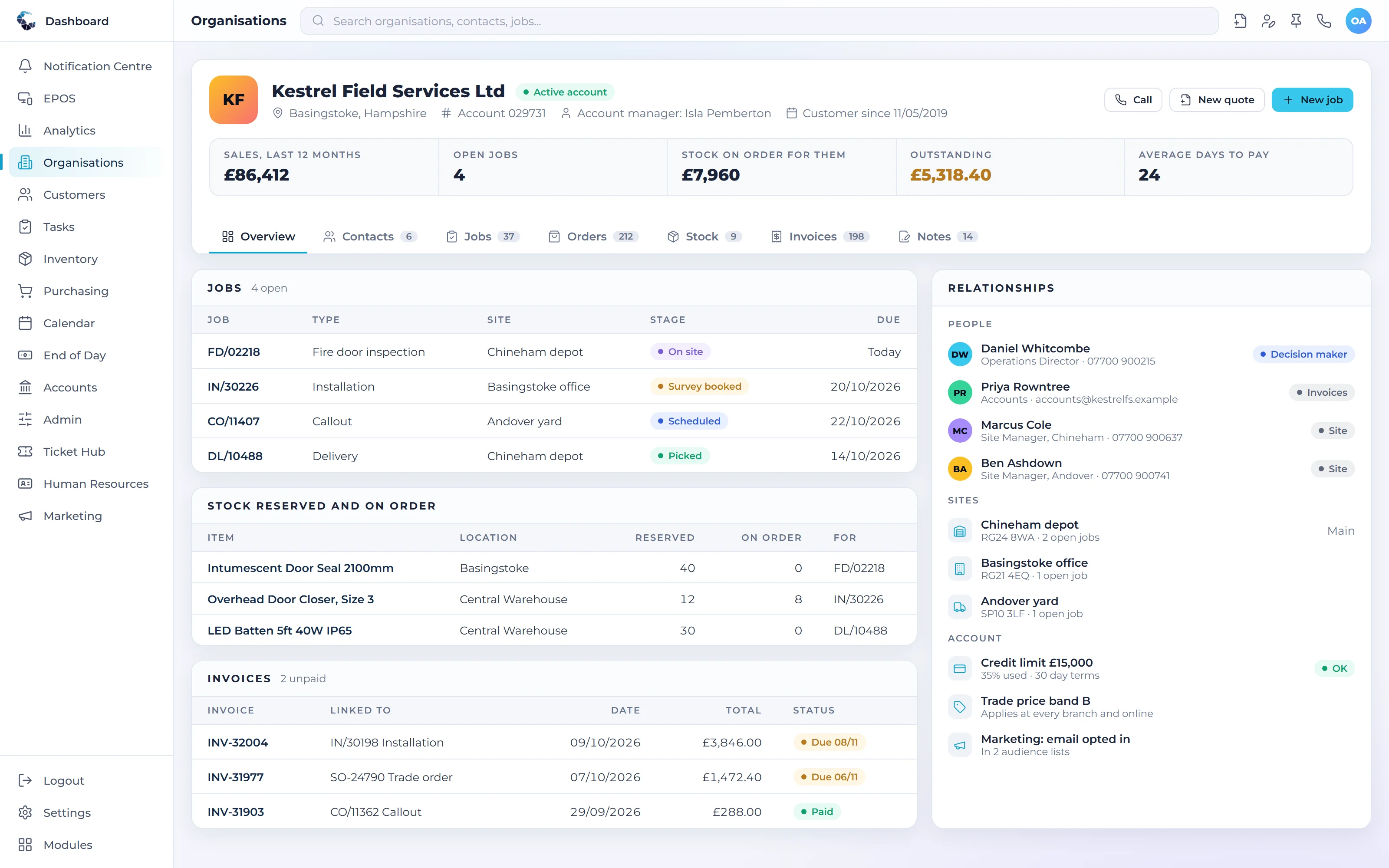 A Central ERP customer record linking contacts, jobs, stock and invoices in one view