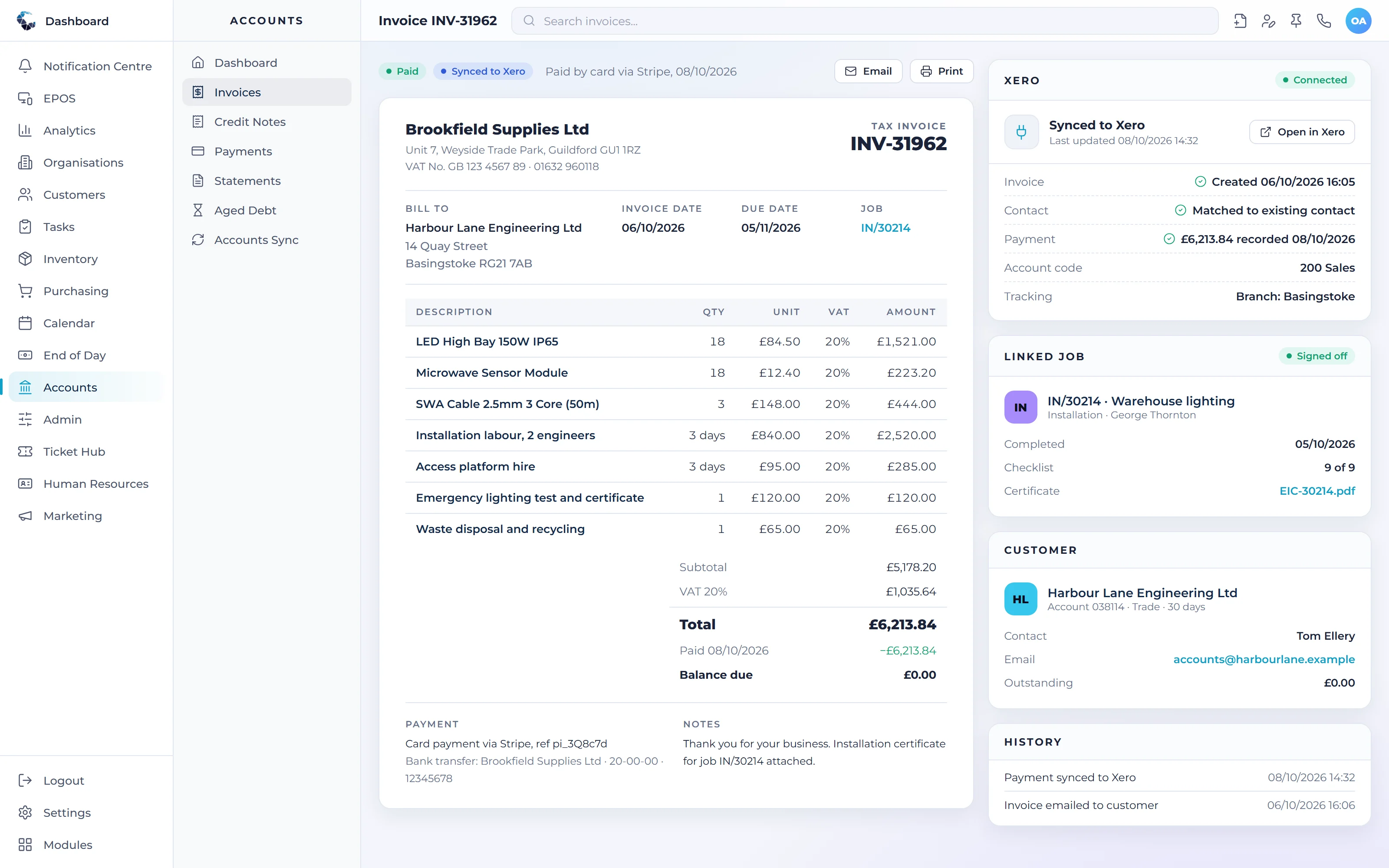 A Central ERP invoice paid by card and synced to the accounts