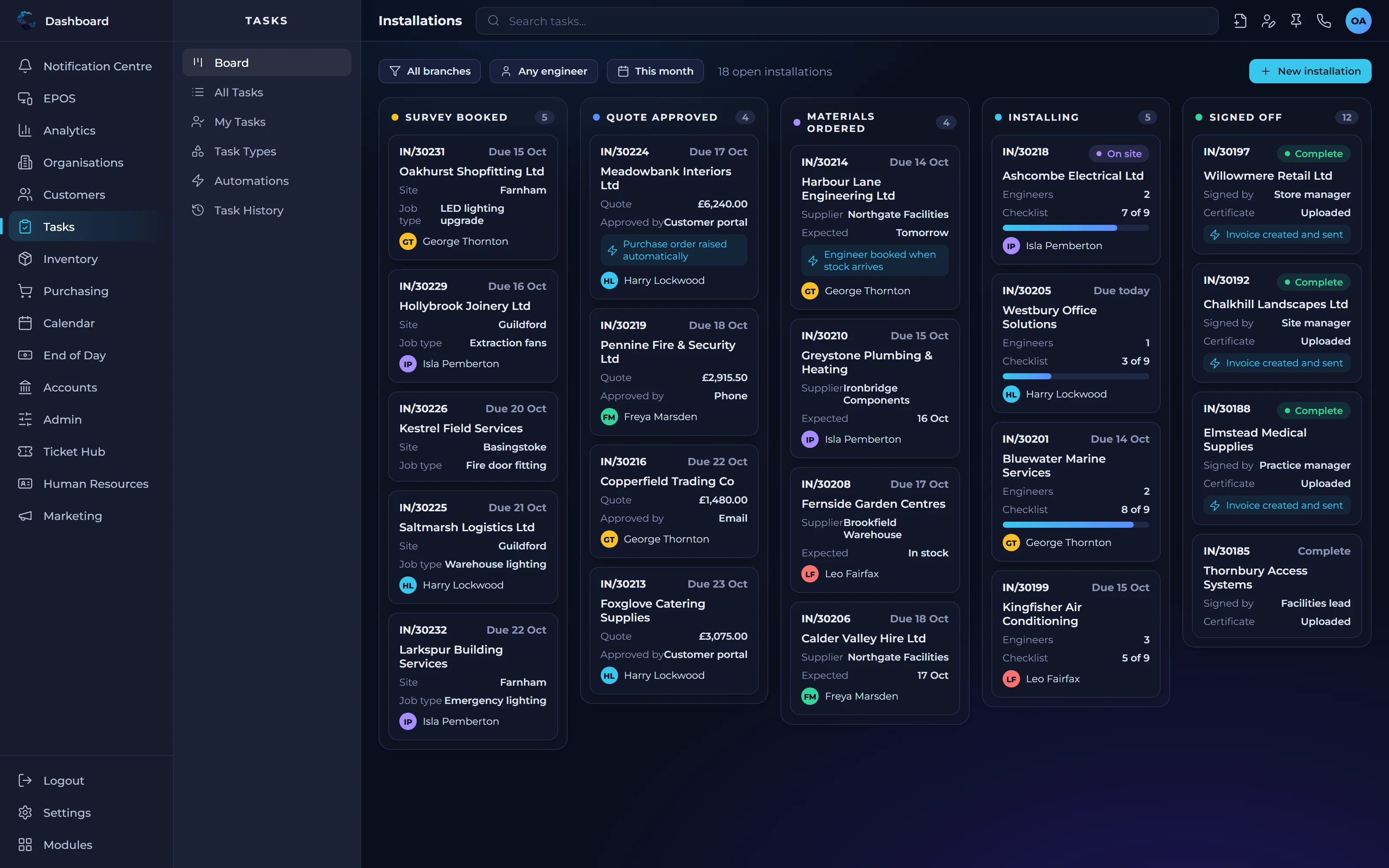 Central ERP custom task and workflow engine showing tasks moving through configurable stages