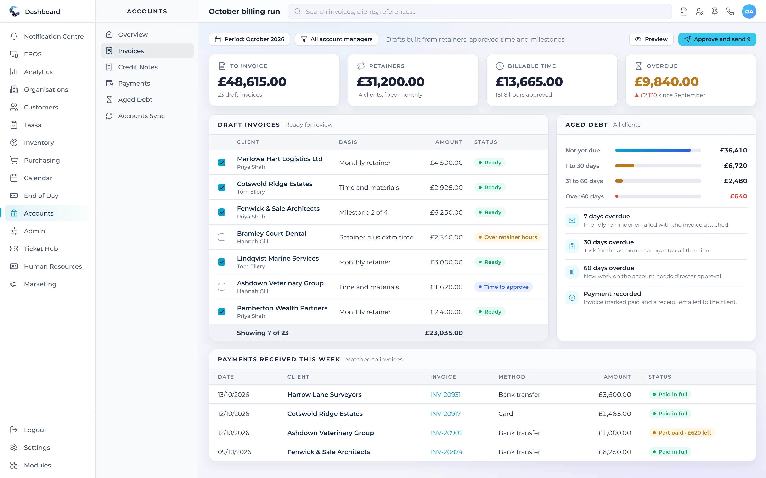 Central ERP monthly billing run with draft client invoices, aged debt and automated payment reminders