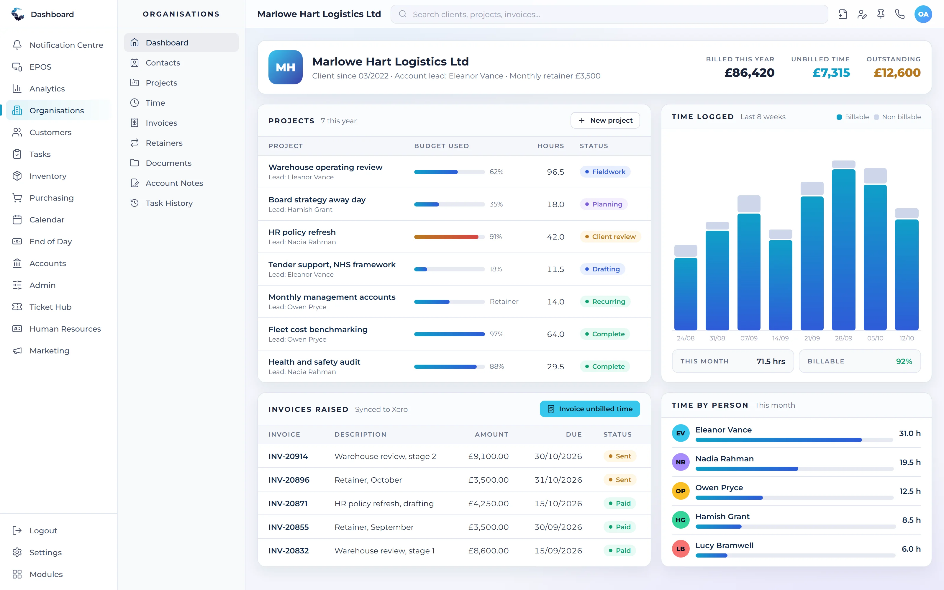 A Central ERP client account with projects, billable time and invoices