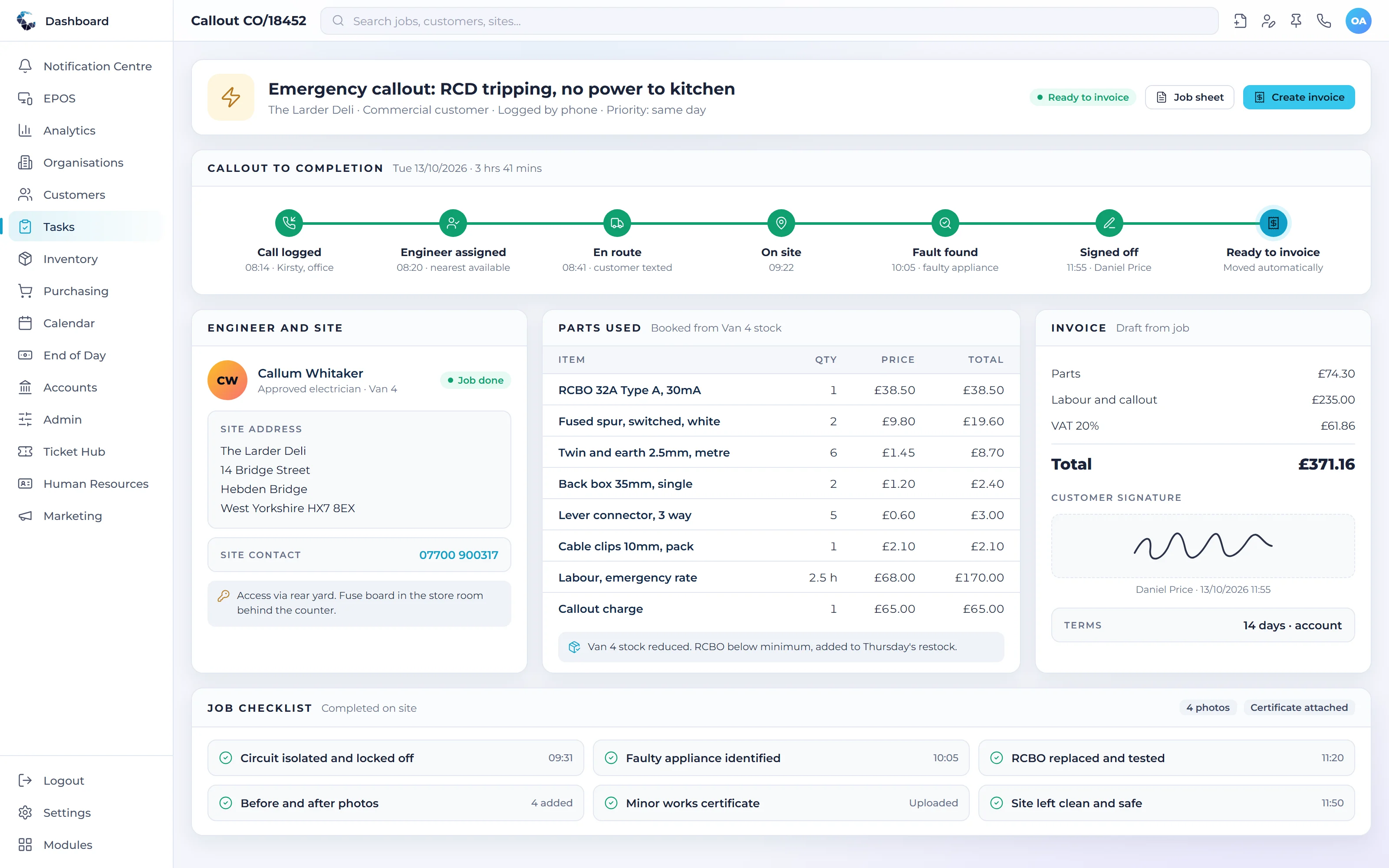 A Central ERP callout job from logging to ready to invoice, with parts used and sign off