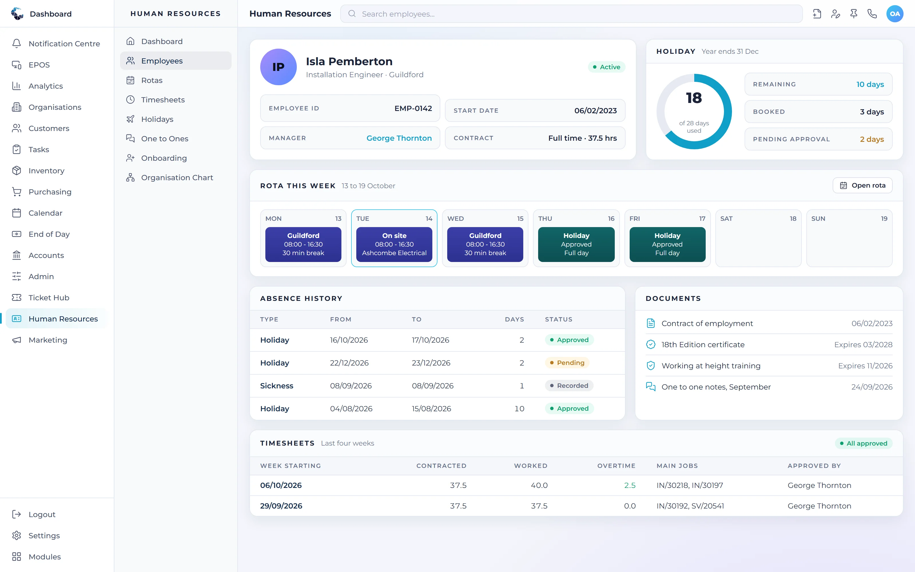 A Central ERP employee record with rota, holidays and timesheets that feed payroll
