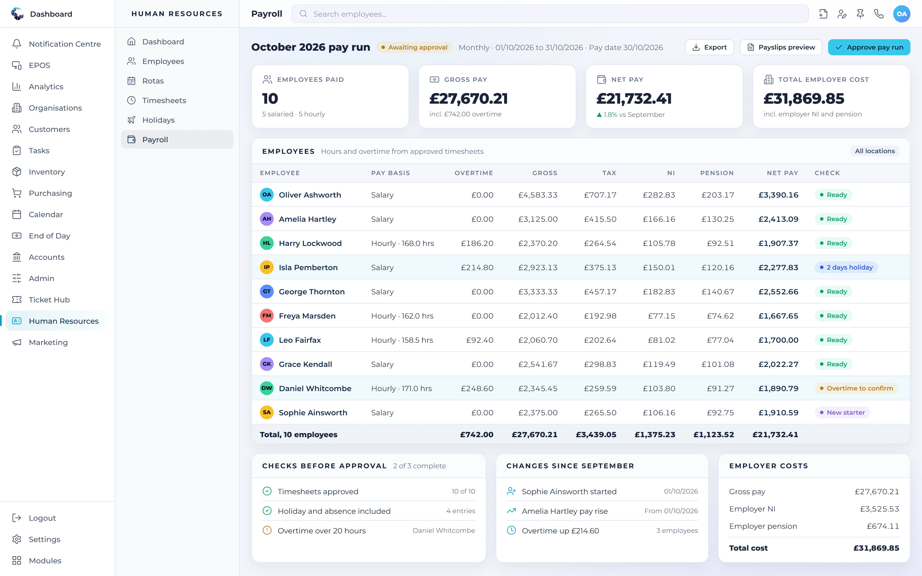 A Central ERP pay run built from approved timesheets and holidays